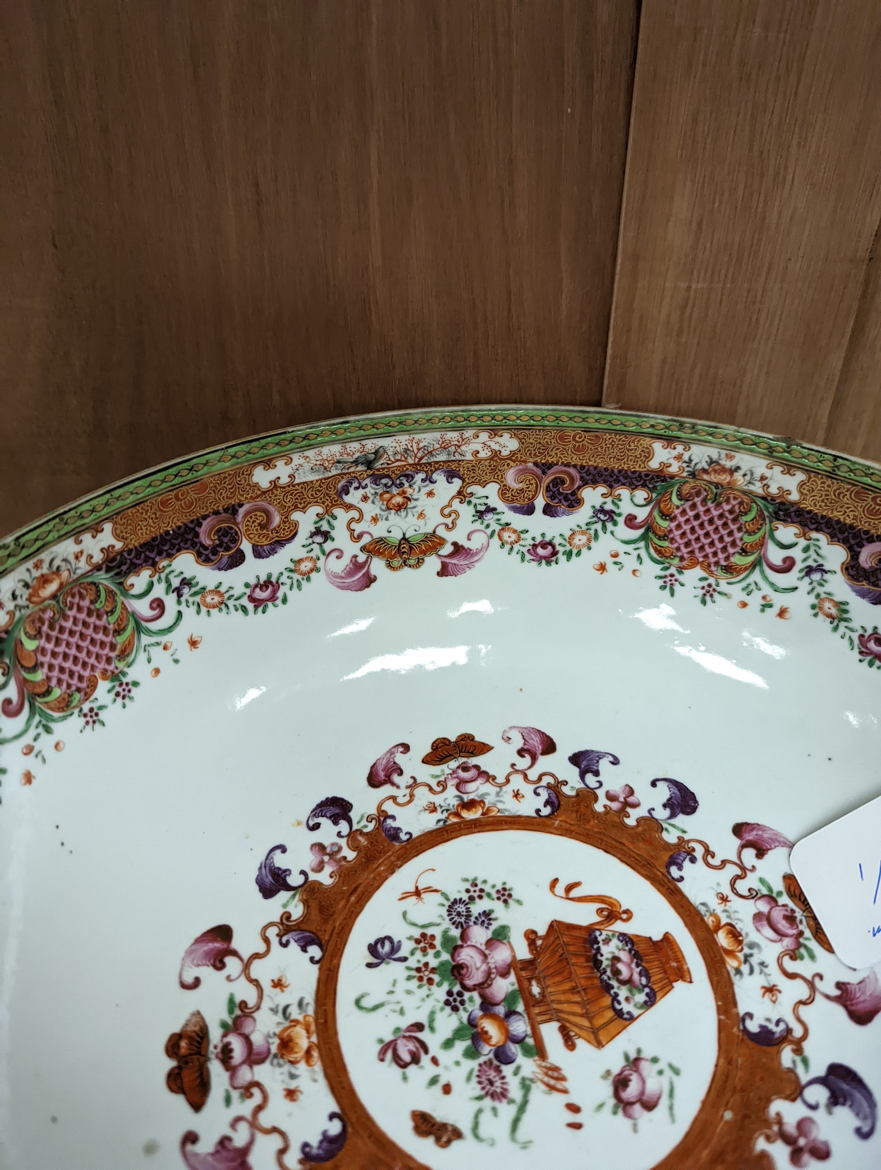 An 18th century Chinese export mandarin pattern porcelain bowl with hardwood stand 28.5cm diameter